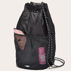 Victoria’s Secret PINK Drawstring Backpack Black Mesh Pockets Lightweight NWT